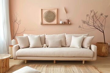 Trendy Peach-Colored Living Room with Beige Sofa and Wooden Accents