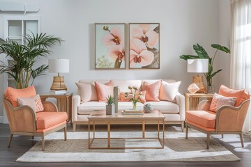 Trendy Peach Urban Living Room: Sustainable Furniture & Contemporary Design