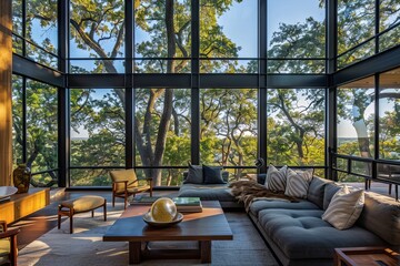 Sustainable Urban Home Design with Serene Tree Views and Comfortable Furniture