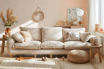 Modern Comfort: Beige Sofa, Wooden Accents, and Peach Decor in Light-Filled Urban Living Room