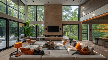 Obraz premium A luxurious living room. The tree outside the window