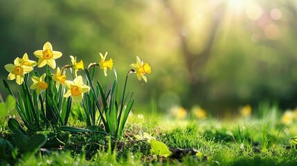 Fototapeta premium Yellow daffodils are vibrant in the morning sunlight against a lush grass backdrop creating a stunning display in a flower bed with a beautifully blurred background
