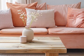 Delicate Wooden Coffee Table and Peach Sofa in Luxurious Minimal Living Room