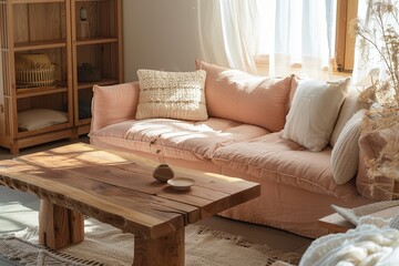 Wooden Coffee Table and Peach Sofa: Cozy Interior with Soft Cushions