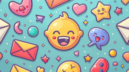 A colorful pattern of cartoon faces and hearts with a smiling baby in the middle