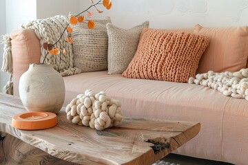 Wooden Coffee Table Centerpiece with Peach Sofa and Stylish Orange Accent in Minimalist Interior