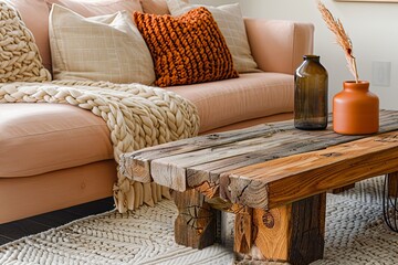 Wooden Coffee Table Centerpiece with Peach Sofa: Minimalist Interior Styled with Knit Throw and Stylish Orange Accessory