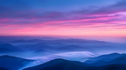 Fototapeta na wymiar The sky at dawn, with the horizon pink and blue, mountains in misty layers below. For Design, Background, Cover, Poster, Banner, PPT, KV design, Wallpaper