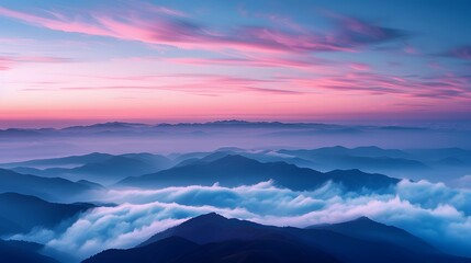 Fototapeta premium The sky at dawn, with the horizon pink and blue, mountains in misty layers below. For Design, Background, Cover, Poster, Banner, PPT, KV design, Wallpaper