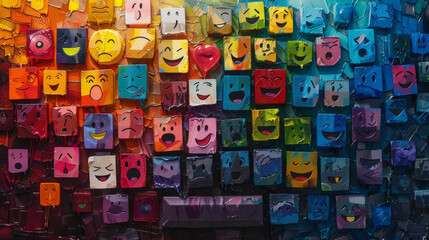 A colorful painting of many faces with different expressions