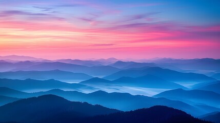 Obraz premium The sky at dawn, with the horizon pink and blue, mountains in misty layers below. For Design, Background, Cover, Poster, Banner, PPT, KV design, Wallpaper