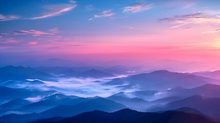 The sky at dawn, with the horizon pink and blue, mountains in misty layers below. For Design, Background, Cover, Poster, Banner, PPT, KV design, Wallpaper