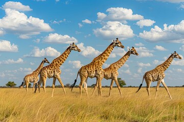  A family of giraffes gracefully walking across the savannah, their long necks and patterned coats