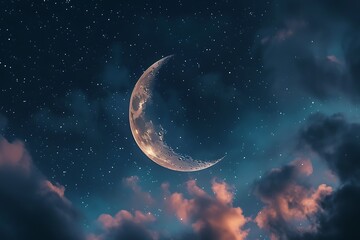 Crescent moon in the night sky stars and clouds