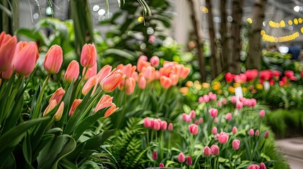 A vibrant floral display of pink tulips mingling with lush green leaves at the festive flower show