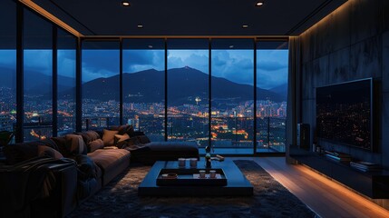 Obraz premium At night, the luxurious living room, the city outside the window