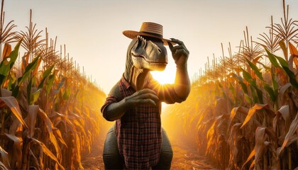 A dinosaur wearing a straw hat and a plaid shirt is standing in a corn field.
