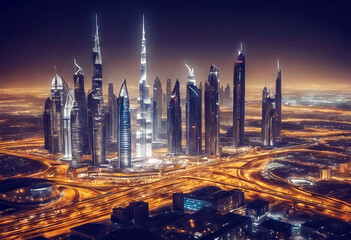 'Rooftop many Zayed towers Sheikh evening downtown illuminated road Dubai Scenic skyline architecture Dubai Business East Middle Skyline Night City Uae Company Corporate Future Street Building Road'