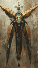 Bring the mythical to life! Create a stunning oil painting of an ancient aerial robot from the front view, combining ancient mythology with futuristic elements
