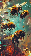 Bring the mesmerizing aerial ballet of robotic bees to life through a vibrant and dynamic pixel art composition Use a color palette that pops and features precise pixel placement t