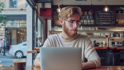 A bearded man working on a laptop at a table. Perfect for technology blogs, freelance websites, remote work illustrations.