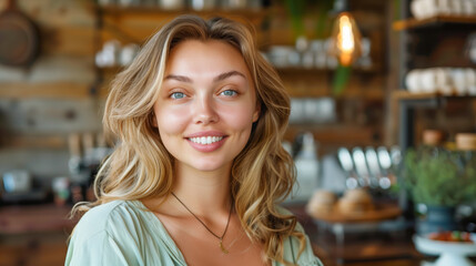 Portrait of a woman smiling in a cafe, suitable for lifestyle blogs, social media posts, advertisements, and promotional materials targeting a young audience.