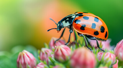 Fototapeta premium Vibrant ladybug perched on a delicate flower, ideal for nature themed designs, greeting cards, educational materials, or environmental campaigns.