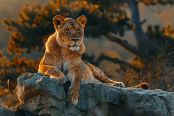  Side view of a Lion walking, looking at the camera, Panthera Leo, A lioness, Panthera leo, sitting on top of a mound, on a rocky outcrop, Single lion looking regal standing proudly on a small hill. - obrazy, fototapety, plakaty