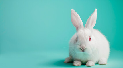 White rabbit against blue background, great for Easter themed designs, wildlife illustrations, childrens books, greeting cards, and holiday decorations.