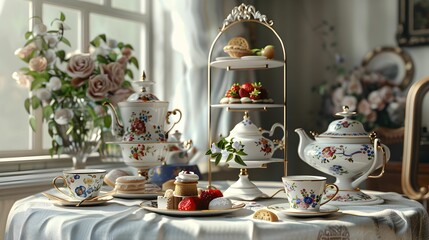 Elegant Afternoon Tea Setup with Floral Porcelain