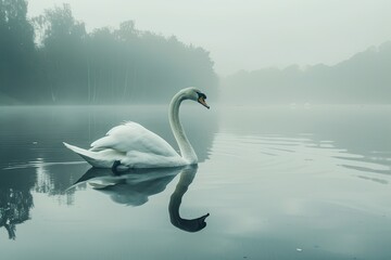 profile of white swan on blue misty lake. graceful swan gliding across a tranquil lake, its reflection mirrored perfectly on the still water White swan in the foggy lake at the dawn. Morning lights. 