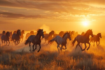 Fototapeta na wymiar Horse herd run in desert sand storm against dramatic sky Small band of wild horses approaches with curiosity in the high desert West Horses run gallop in flower meadow
