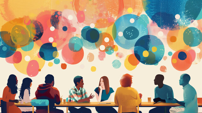 Creative Team engaged in conversation with abstract bubbles floating above them representing ideas being shared.