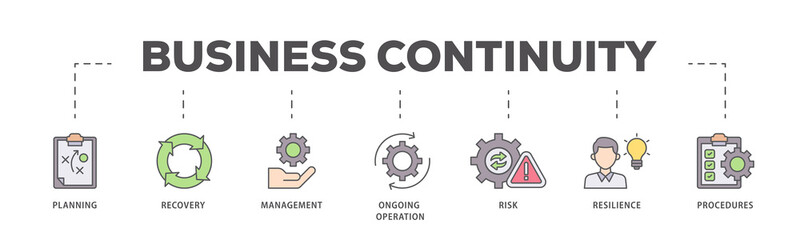Business continuity icons process flow web banner illustration of management, ongoing operation, risk, resilience, and procedures icon live stroke and easy to edit 