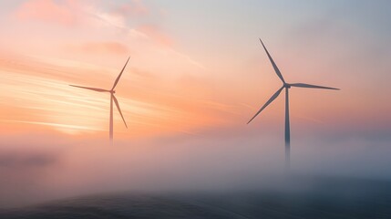 Obraz premium Two wind turbines standing tall against the backdrop of an orange and pink sky, their blades spinning gracefully in harmony with nature's power. 