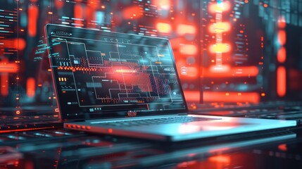 Laptop background illustration with advanced technology hologram light.