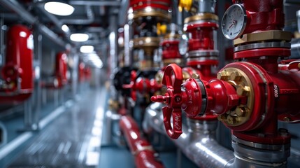 Fototapeta premium Modern industrial fire protection system with detailed red valves and pipes in a technical facility