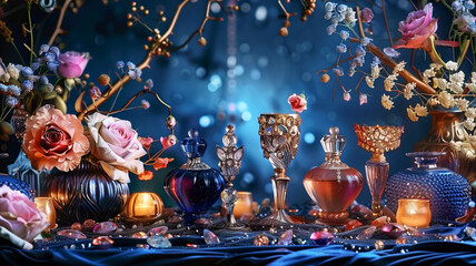 Elegantly arranged on an ornate table with intricate floral arrangements and shimmering gemstones. 