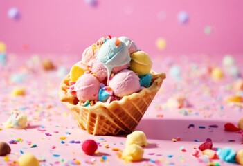 'colorful multiple filled scoops cream pink ice background waffle cone confetti Close-up pastel blue soft bakery ball berry cold motley maki'