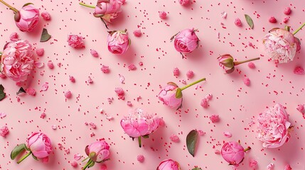 Capture the essence of Women s Day with a stunning top down shot featuring delicate pink peony rose buds and sprinkles set against a soft pastel pink backdrop leaving ample space for your m