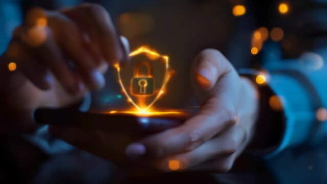 Hands use smartphone displaying glowing unlocked padlock and shield icons. Symbolizes the importance of both user-friendly access and robust cybersecurity measures on mobile devices. 