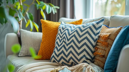 Cozy home interior with stylish decorative cushions and warm throw on a sunny day