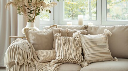 Cozy home interior with stylish decorative cushions and warm throw on a sunny day