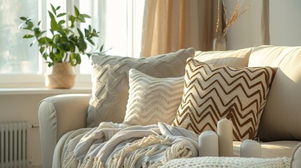 Cozy home interior with stylish decorative cushions and warm throw on a sunny day