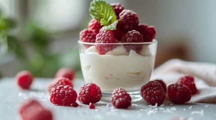 Fresh raspberries atop vanilla cream in a clear dessert cup garnished with mint leaves