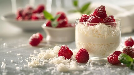 Fresh raspberries atop vanilla cream in a clear dessert cup garnished with mint leaves