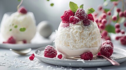 Fresh raspberries atop vanilla cream in a clear dessert cup garnished with mint leaves
