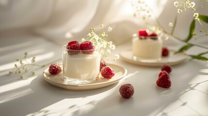 Fresh raspberries atop vanilla cream in a clear dessert cup garnished with mint leaves