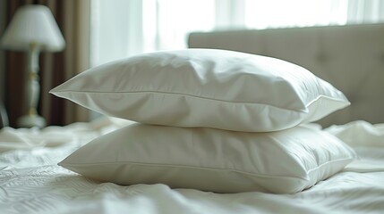 Crisp white pillows and duvet on a luxurious bed in a well-lit room evoke comfort and elegance