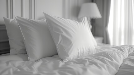 Crisp white pillows and duvet on a luxurious bed in a well-lit room evoke comfort and elegance